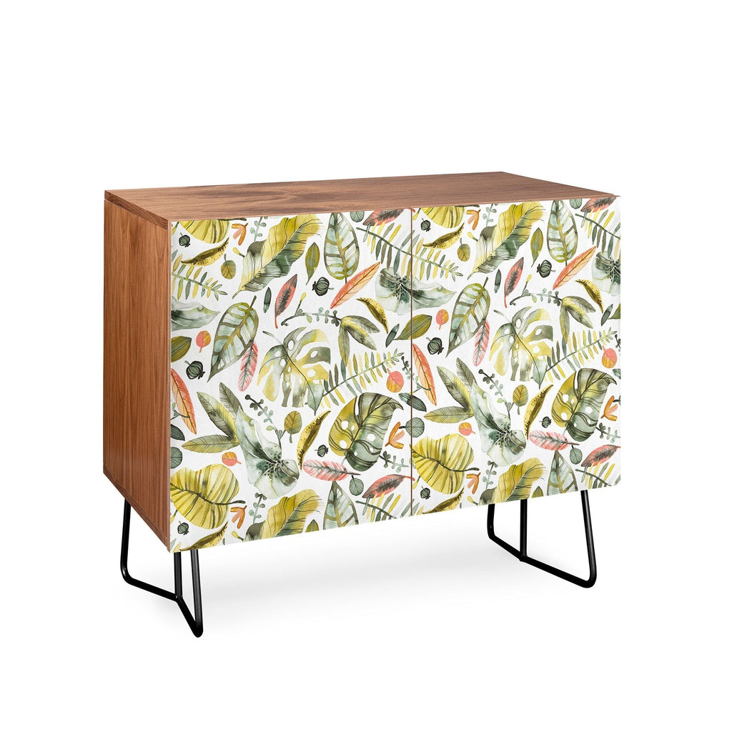 Ninola Design Botanic Retreat Tropical Jungle Leaves Botanical Green Orange Credenza
