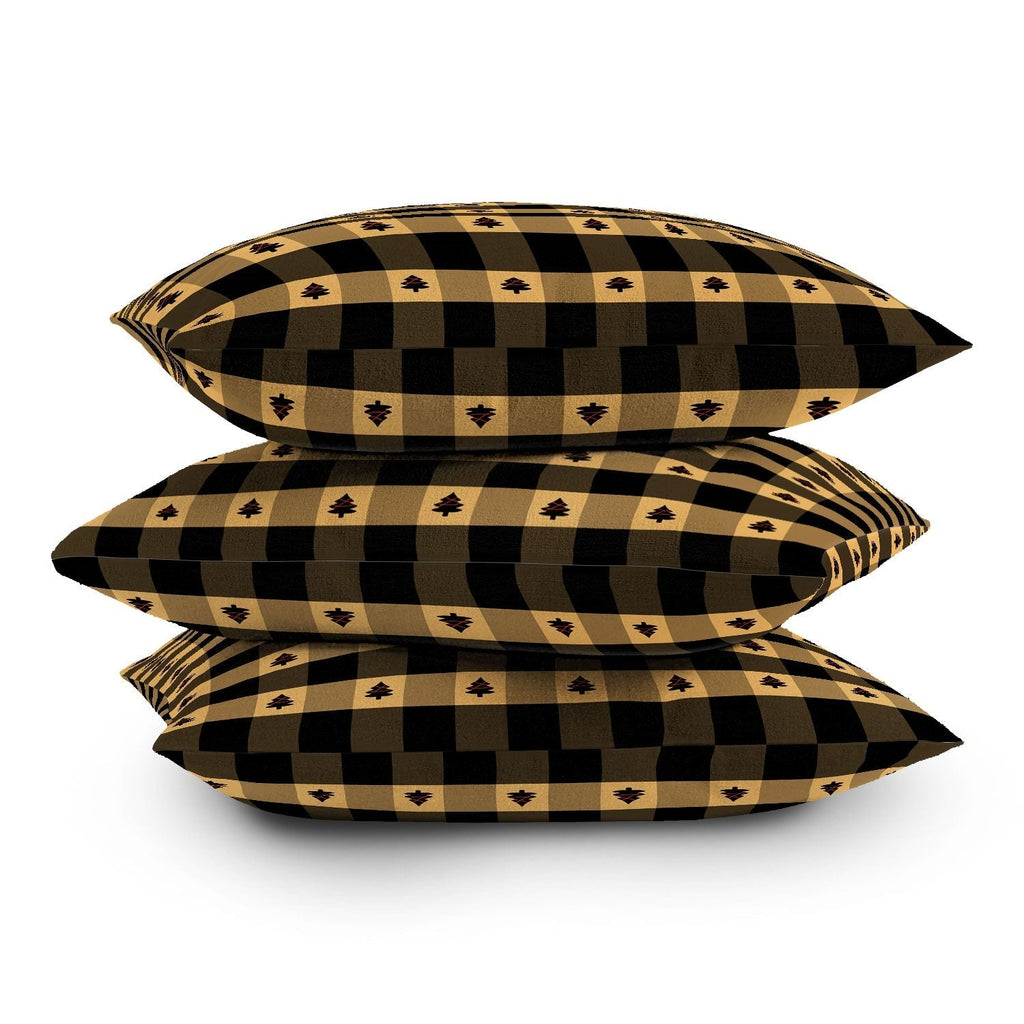 Design by Spark Black Gold Tree Tree Gingham Throw Pillow