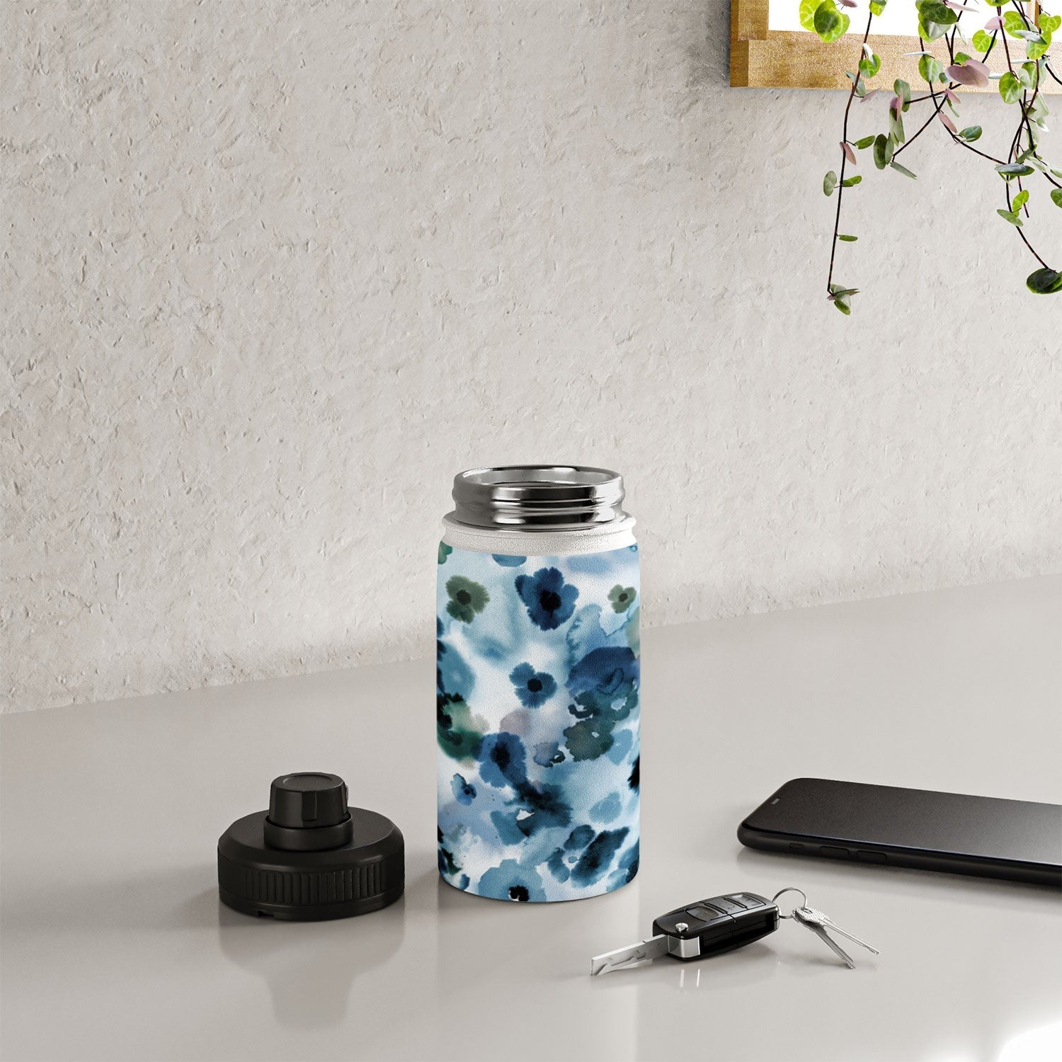 Ninola Design Botanic Retreat Ombre Abstract Watercolor Flowers Blue Navy Water Bottle