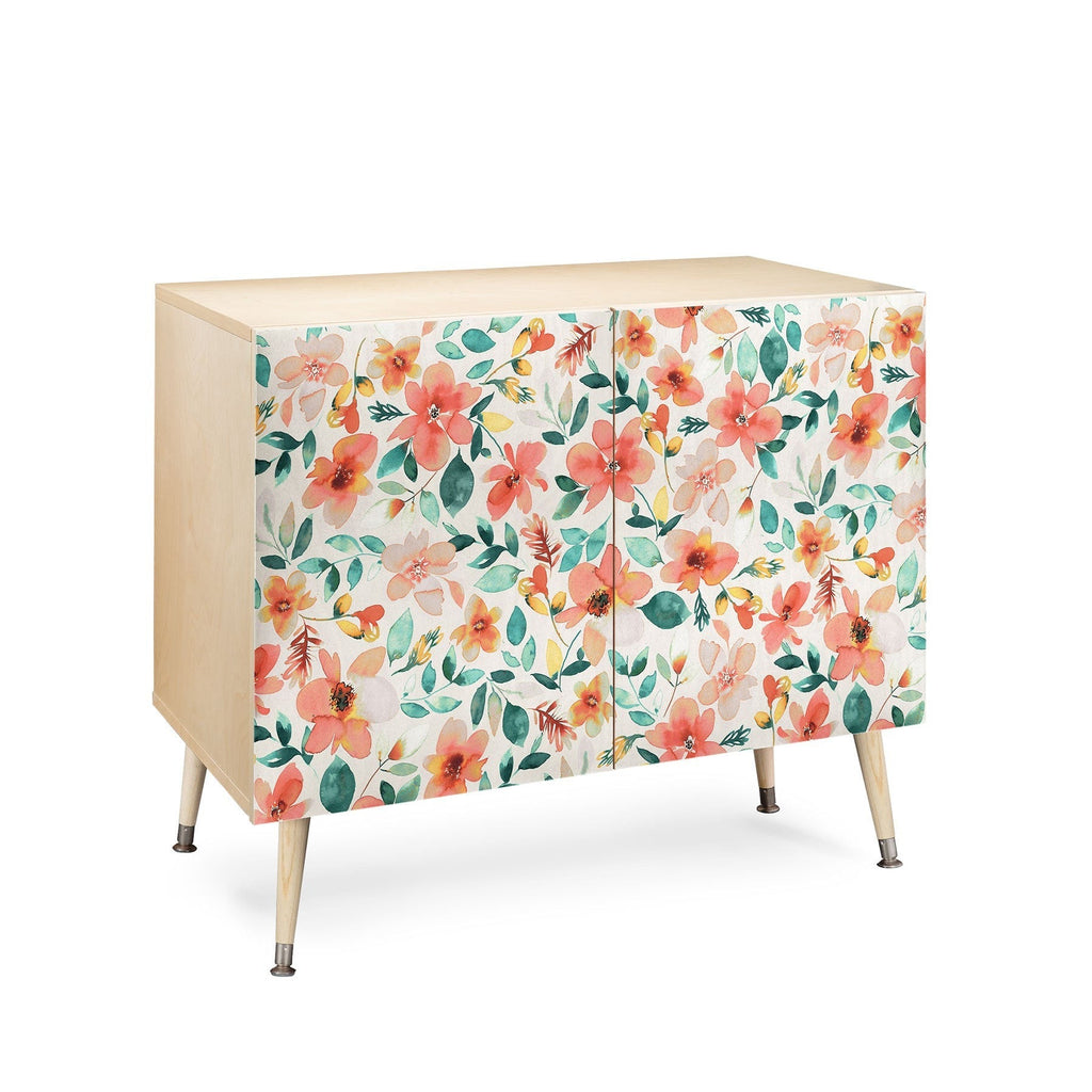 Ninola Design Botanic Retreat Tropical Whimsical Flowers Coral Green Credenza