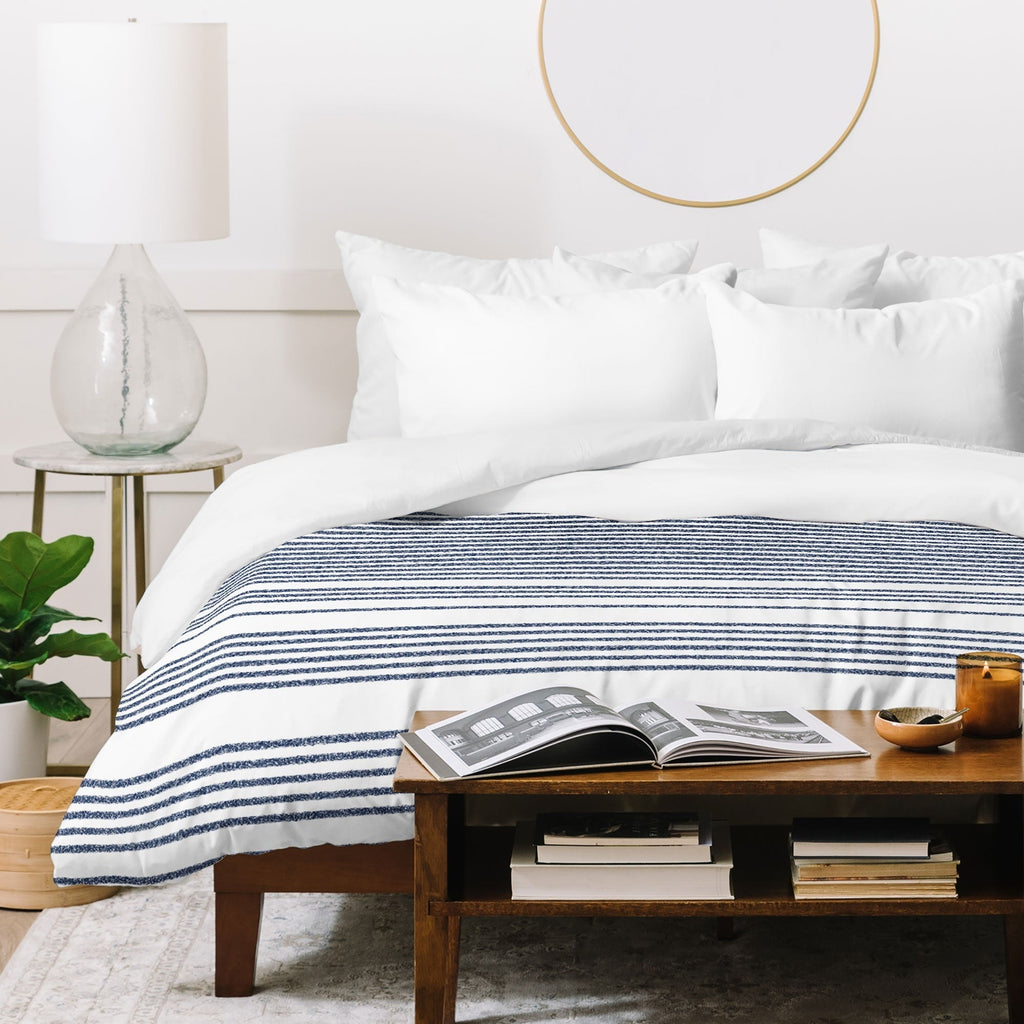 Kierkegaard Design Studio organic stripes naut navy blue and white Duvet Cover