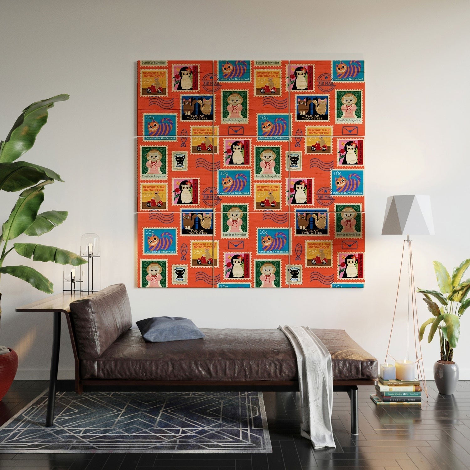 Design by Spark Classic Book Cat Stamps Wood Wall Mural