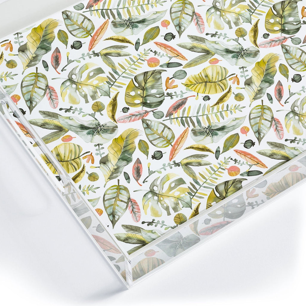 Ninola Design Botanic Retreat Tropical Jungle Leaves Botanical Green Orange Acrylic Tray