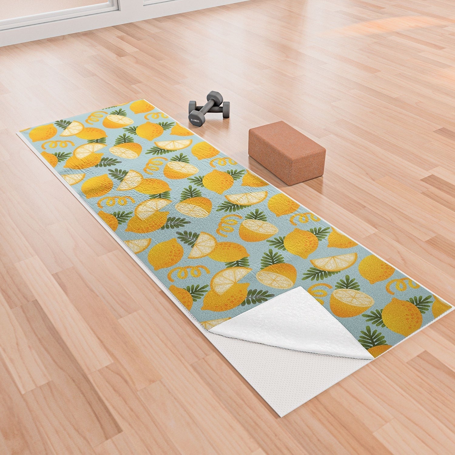 Jessica Molina Lemon Pattern on Sky Blue Yoga Towel