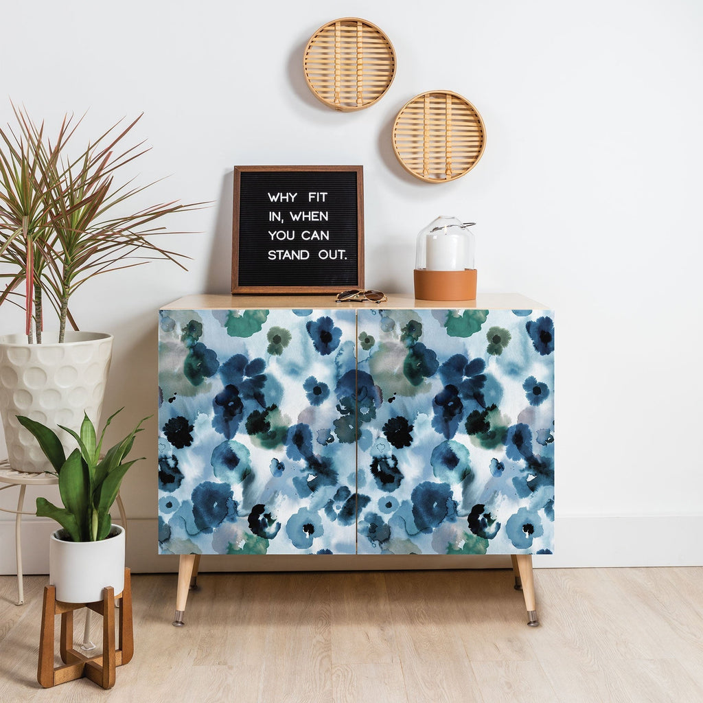 Ninola Design Botanic Retreat Ombre Abstract Watercolor Flowers Blue Navy Credenza