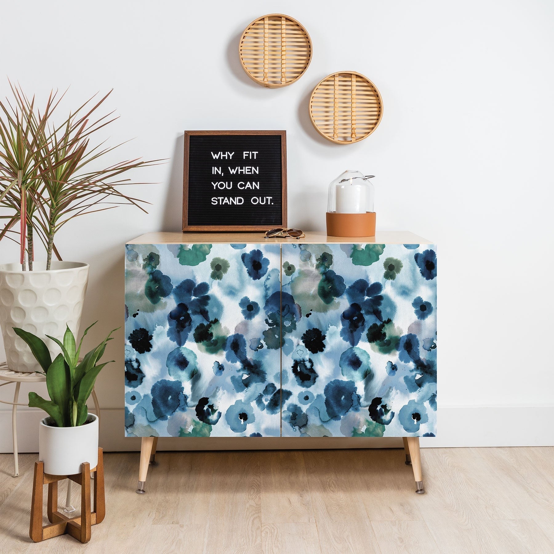 Ninola Design Botanic Retreat Ombre Abstract Watercolor Flowers Blue Navy Credenza