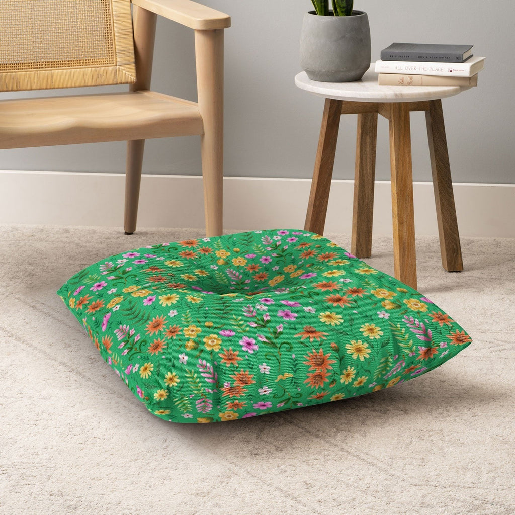 Pimlada Phuapradit Ditsy Spring Floral Green Floor Pillow Square