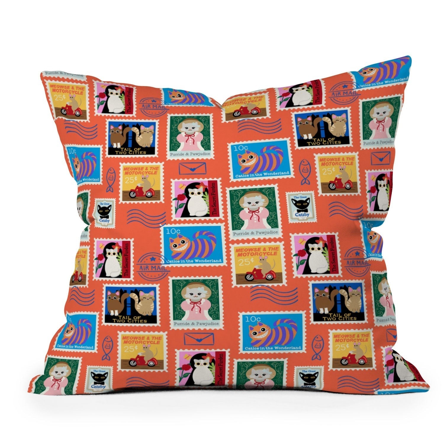 Design by Spark Classic Book Cat Stamps Outdoor Throw Pillow