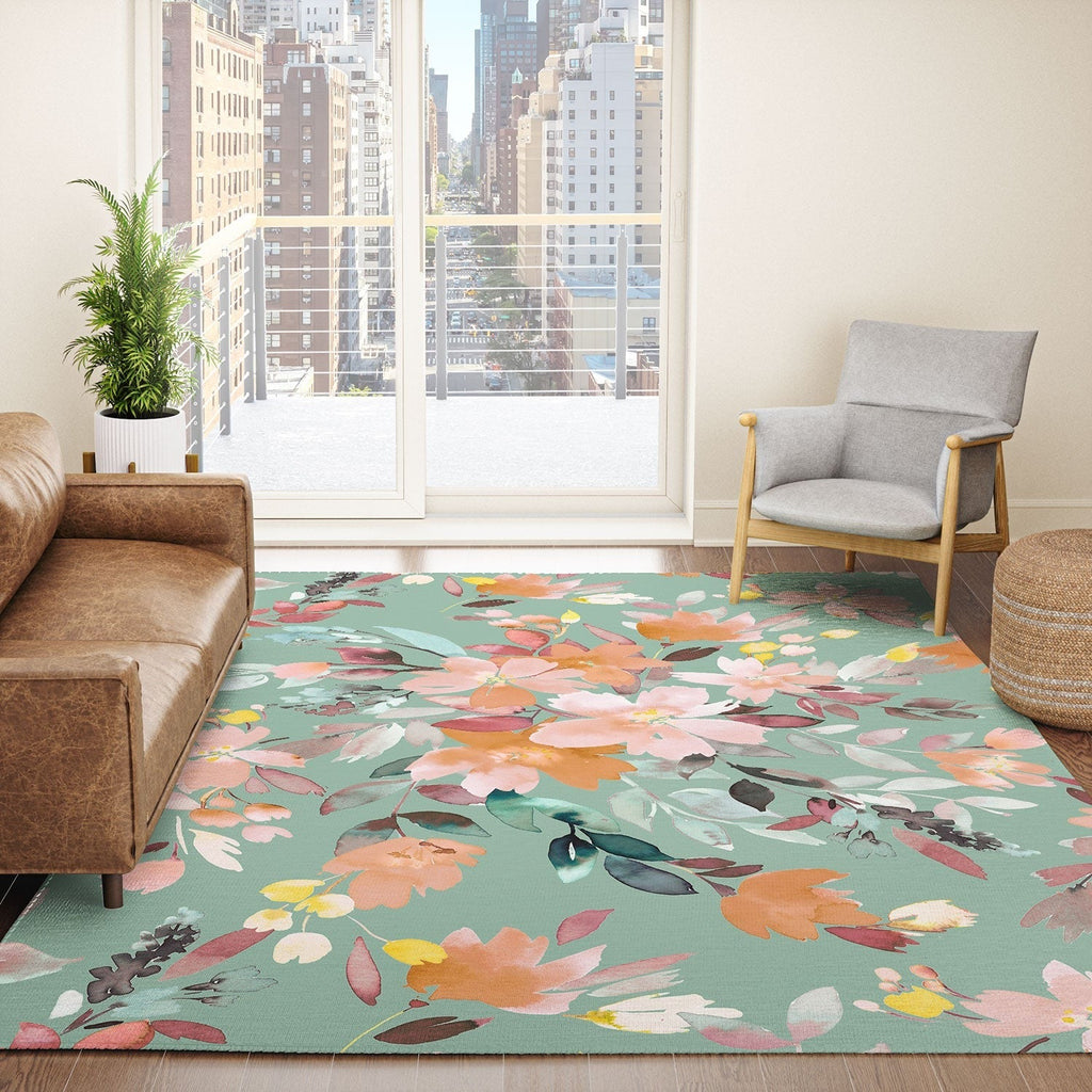 Ninola Design Botanic Retreat Floral Oleander Whimsical Teal Green Area Rug