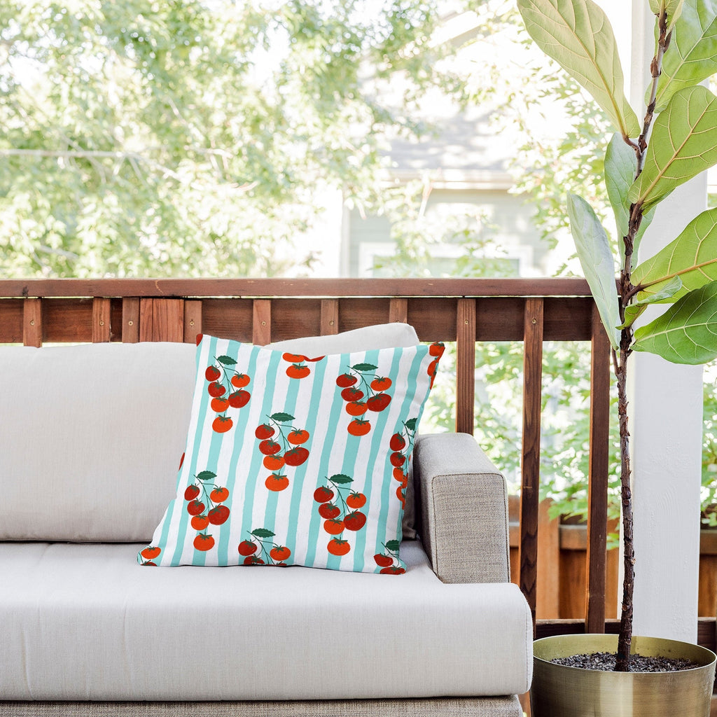 Design by Spark Zesty Tomatoes and Stripes Outdoor Throw Pillow
