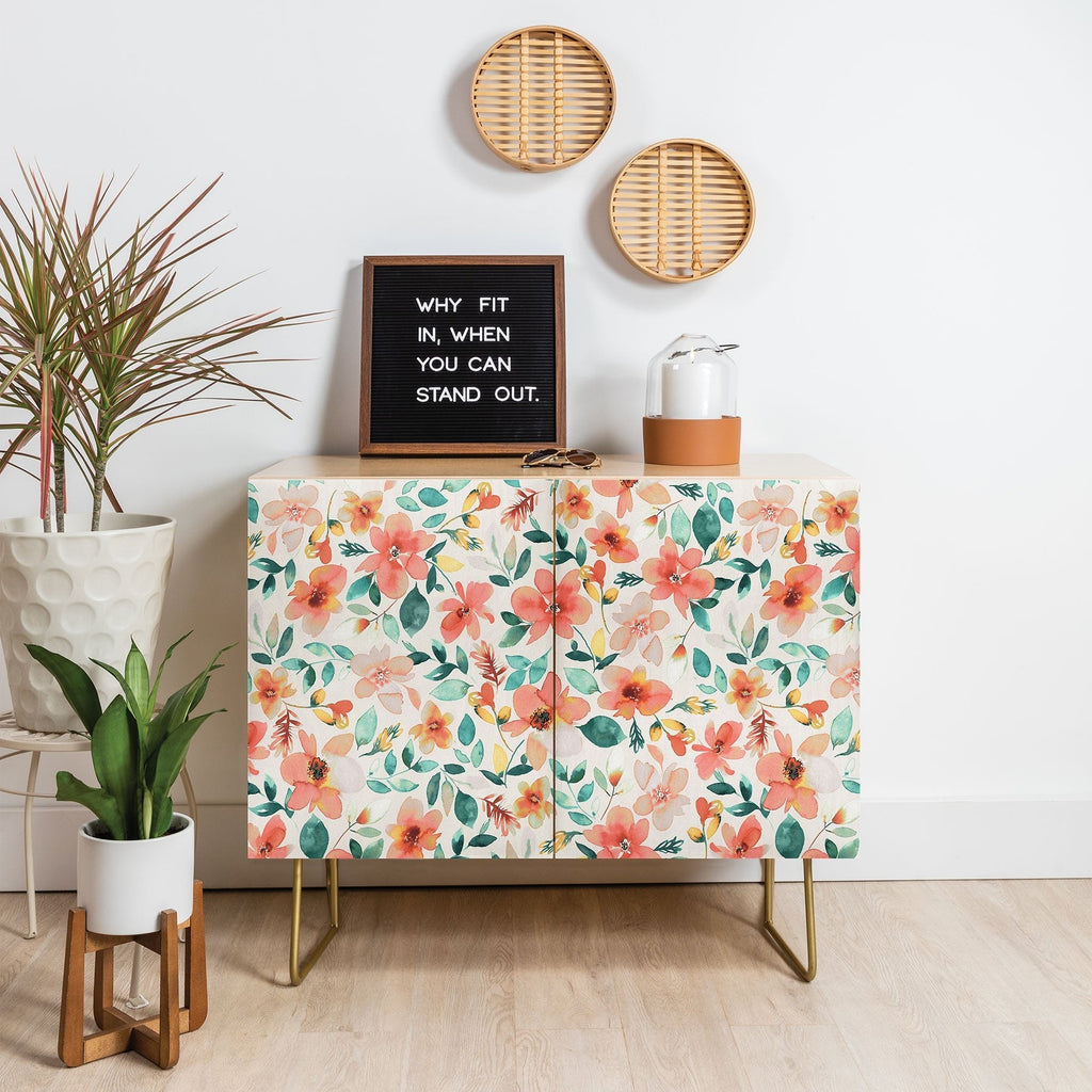 Ninola Design Botanic Retreat Tropical Whimsical Flowers Coral Green Credenza