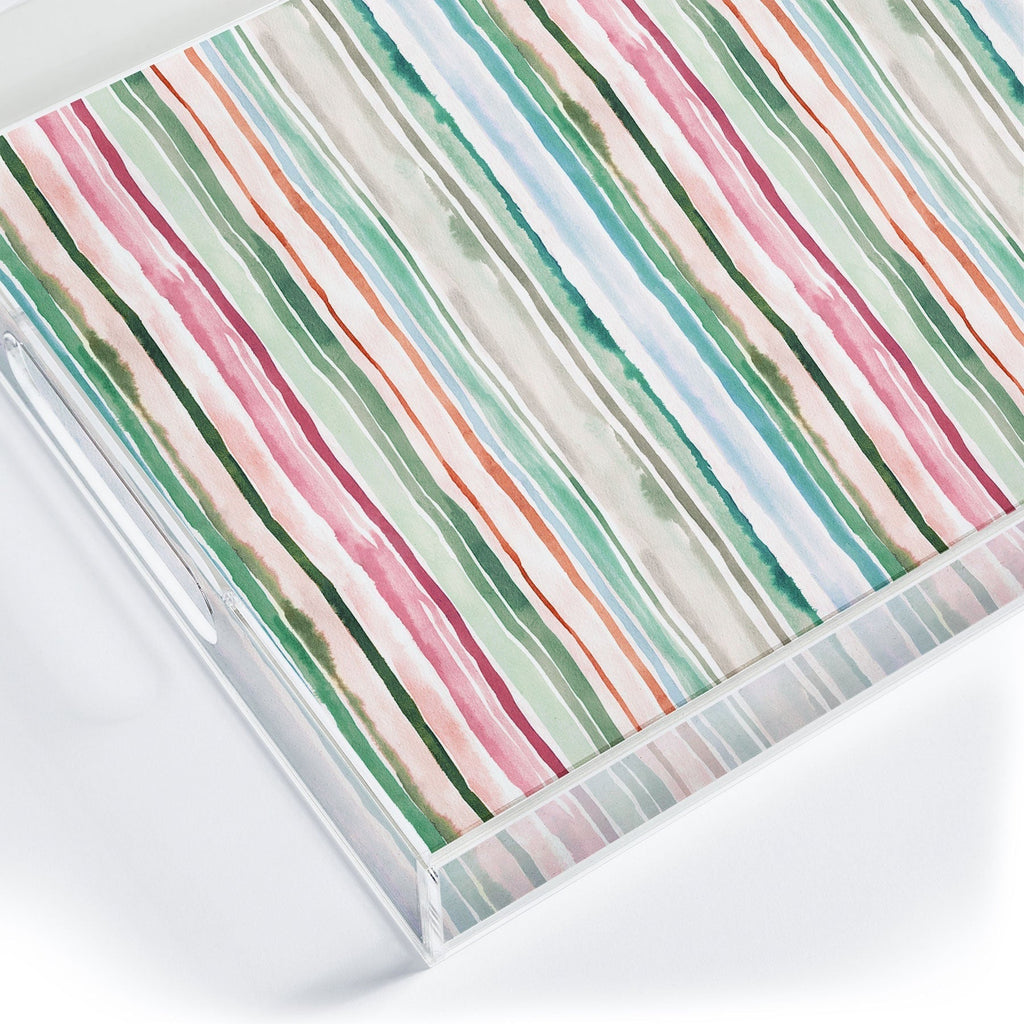 Ninola Design Botanic Retreat Watercolor Stripes Green Orange Red Acrylic Tray