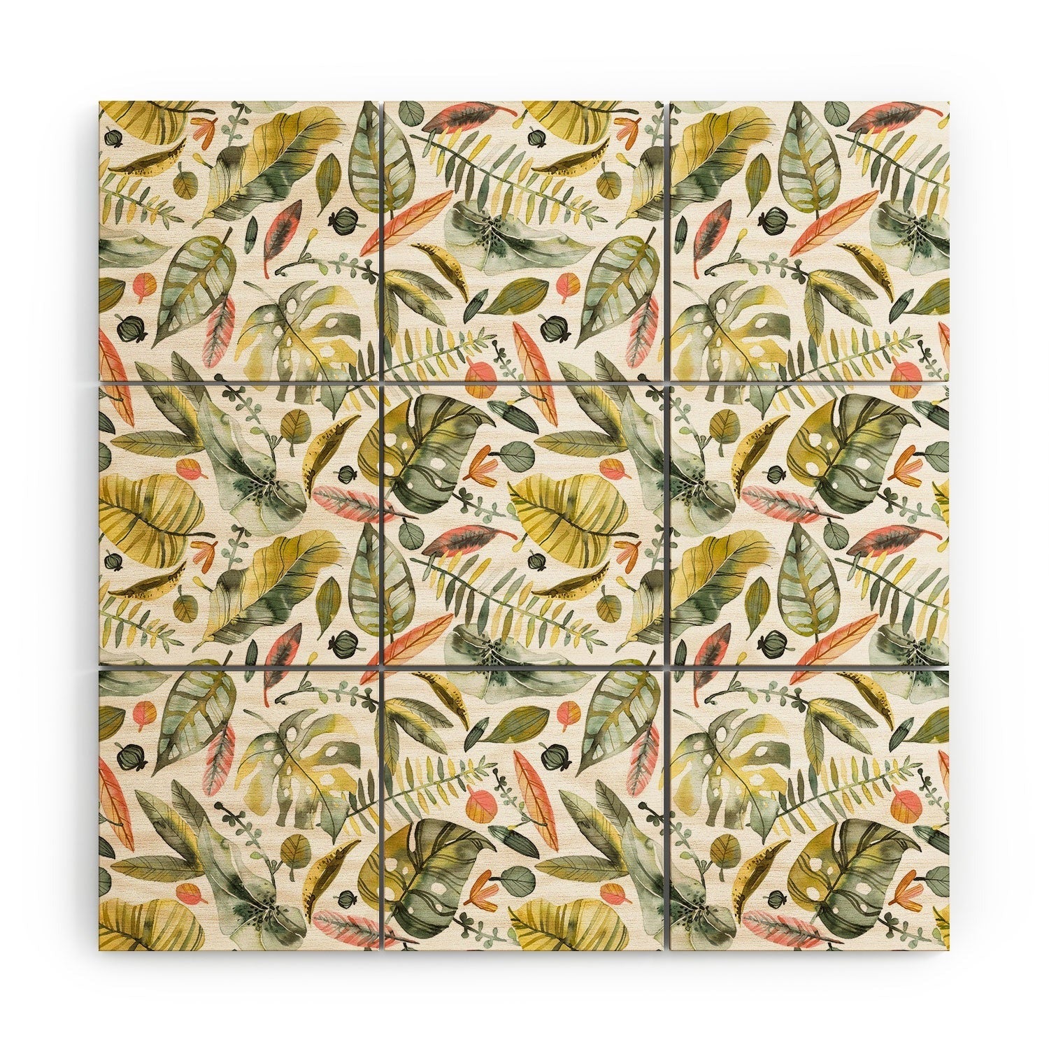 Ninola Design Botanic Retreat Tropical Jungle Leaves Botanical Green Orange Wood Wall Mural