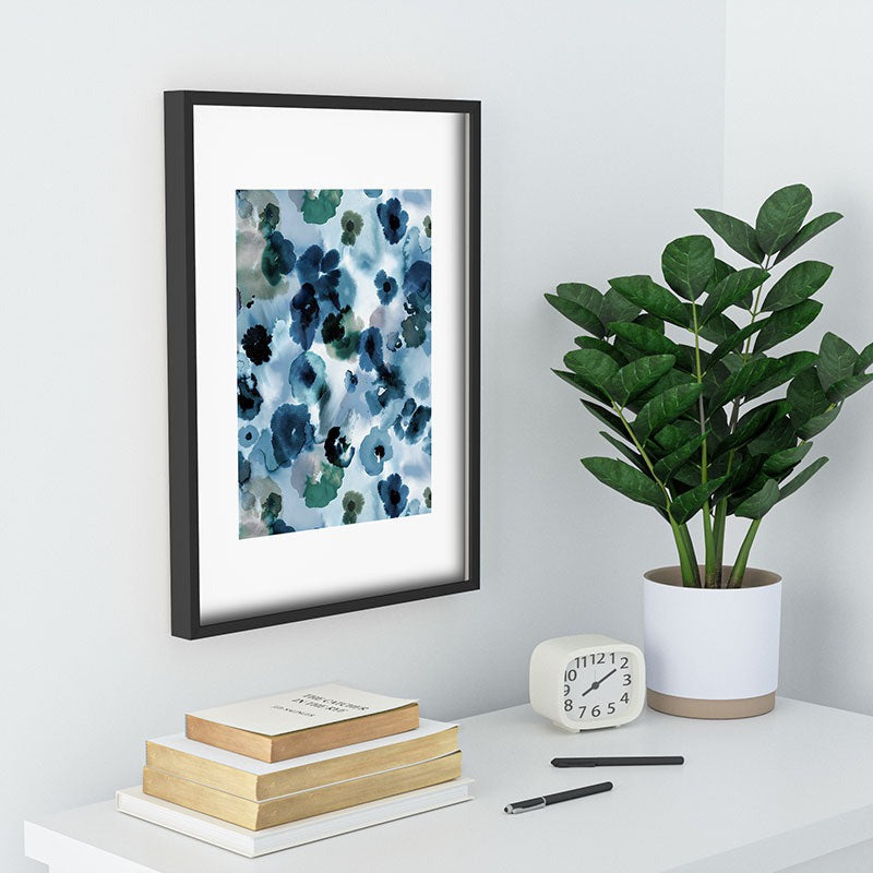Ninola Design Botanic Retreat Ombre Abstract Watercolor Flowers Blue Navy Recessed Framing Rectangle
