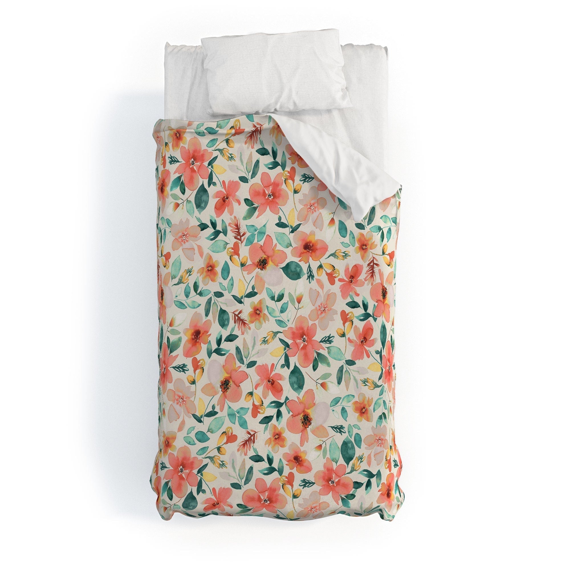 Ninola Design Botanic Retreat Tropical Whimsical Flowers Coral Green Duvet Cover