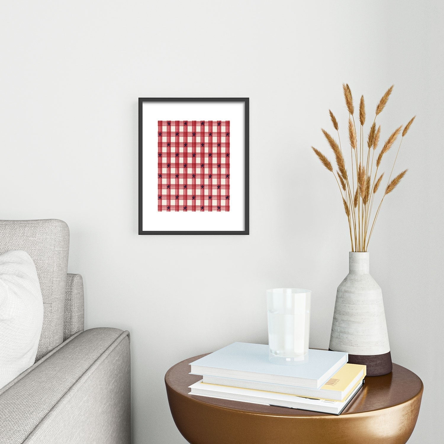 DENY Designs Red Gingham plus Stars Metal Framed Art Print