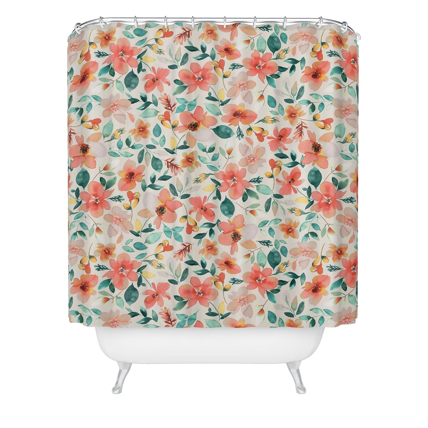Ninola Design Botanic Retreat Tropical Whimsical Flowers Coral Green Shower Curtain