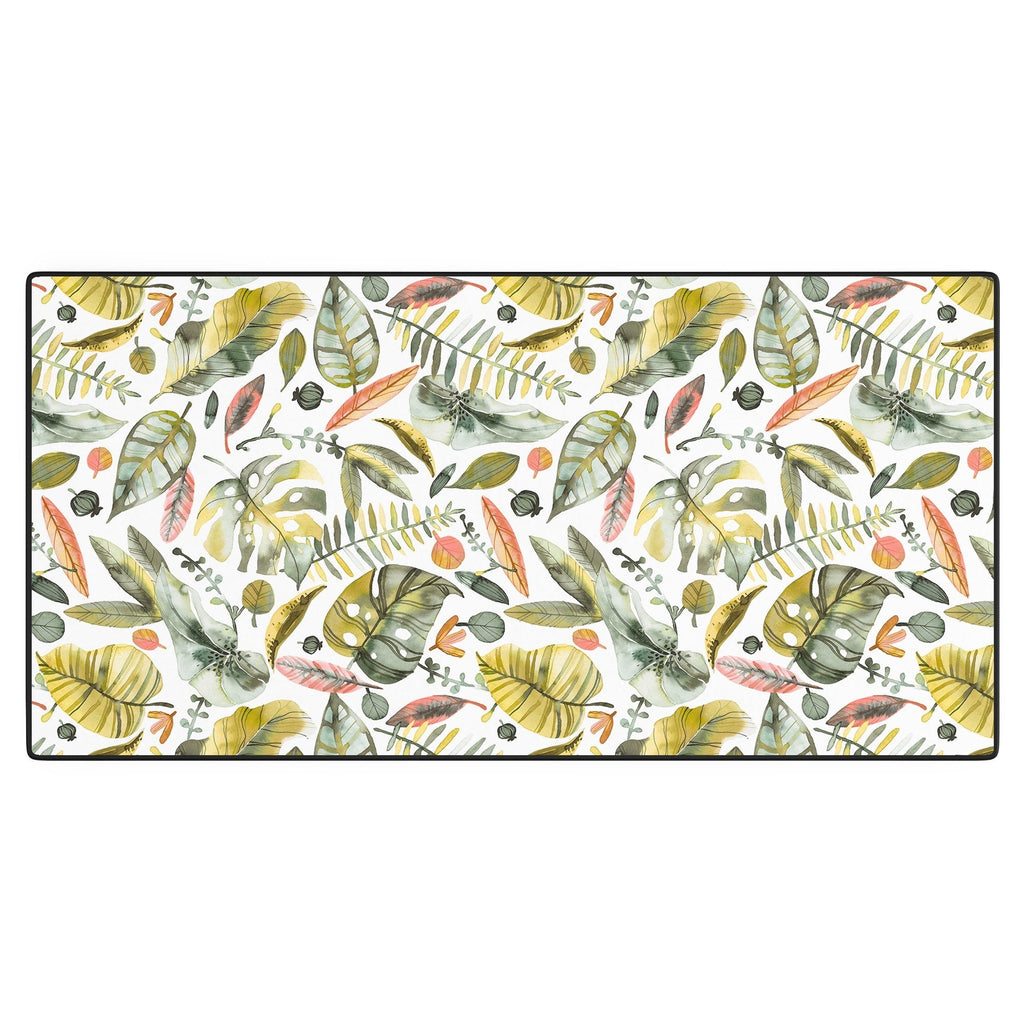 Ninola Design Botanic Retreat Tropical Jungle Leaves Botanical Green Orange Desk Mat