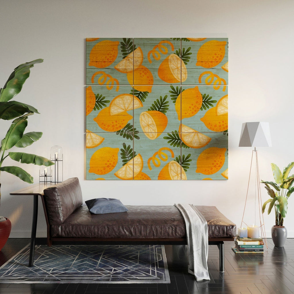 Jessica Molina Lemon Pattern on Sky Blue Wood Wall Mural