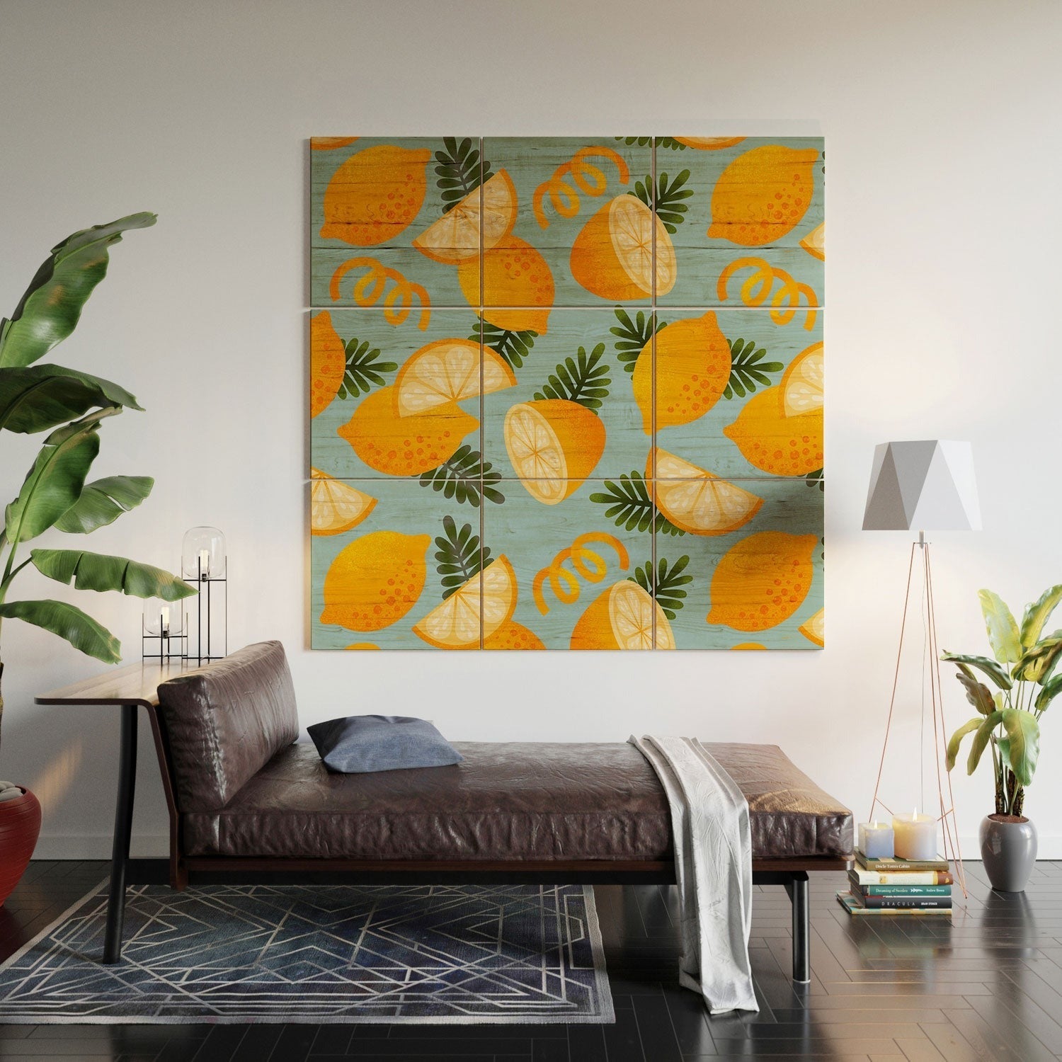 Jessica Molina Lemon Pattern on Sky Blue Wood Wall Mural