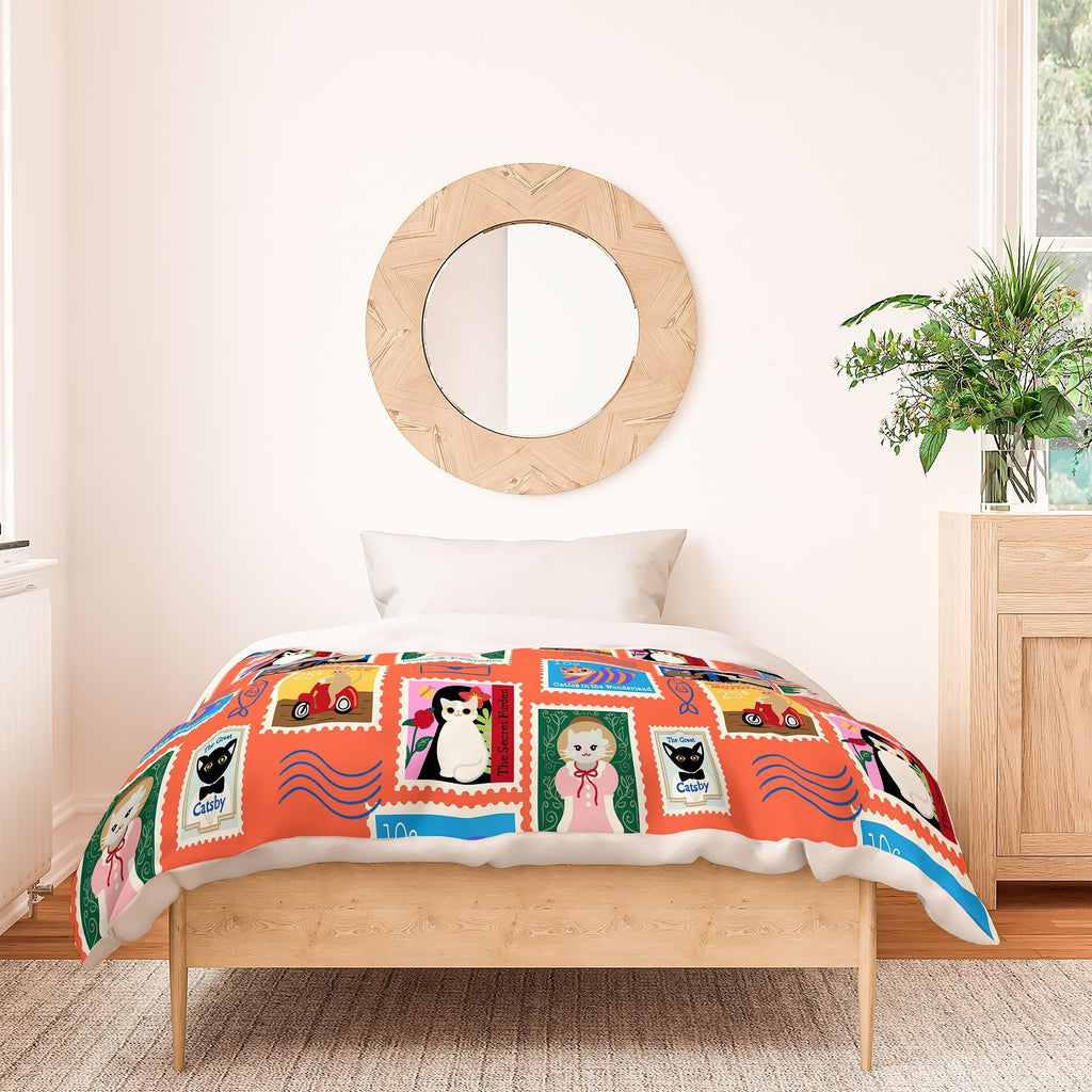 Design by Spark Classic Book Cat Stamps Duvet Cover
