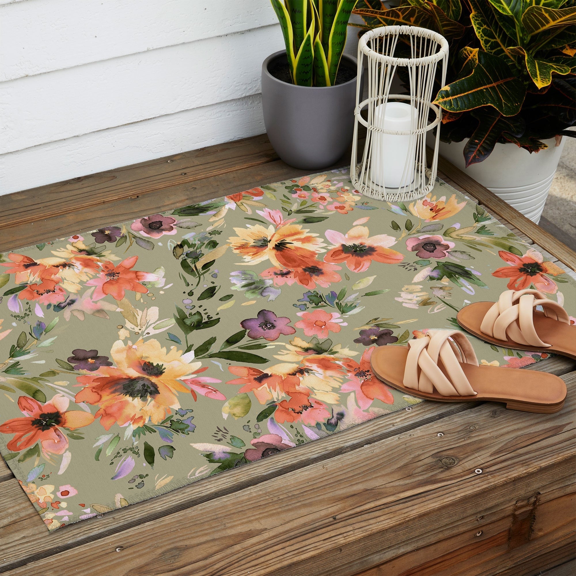 Ninola Design Botanic Retreat Painterly Tropical Flowers Sage Green Outdoor Rug