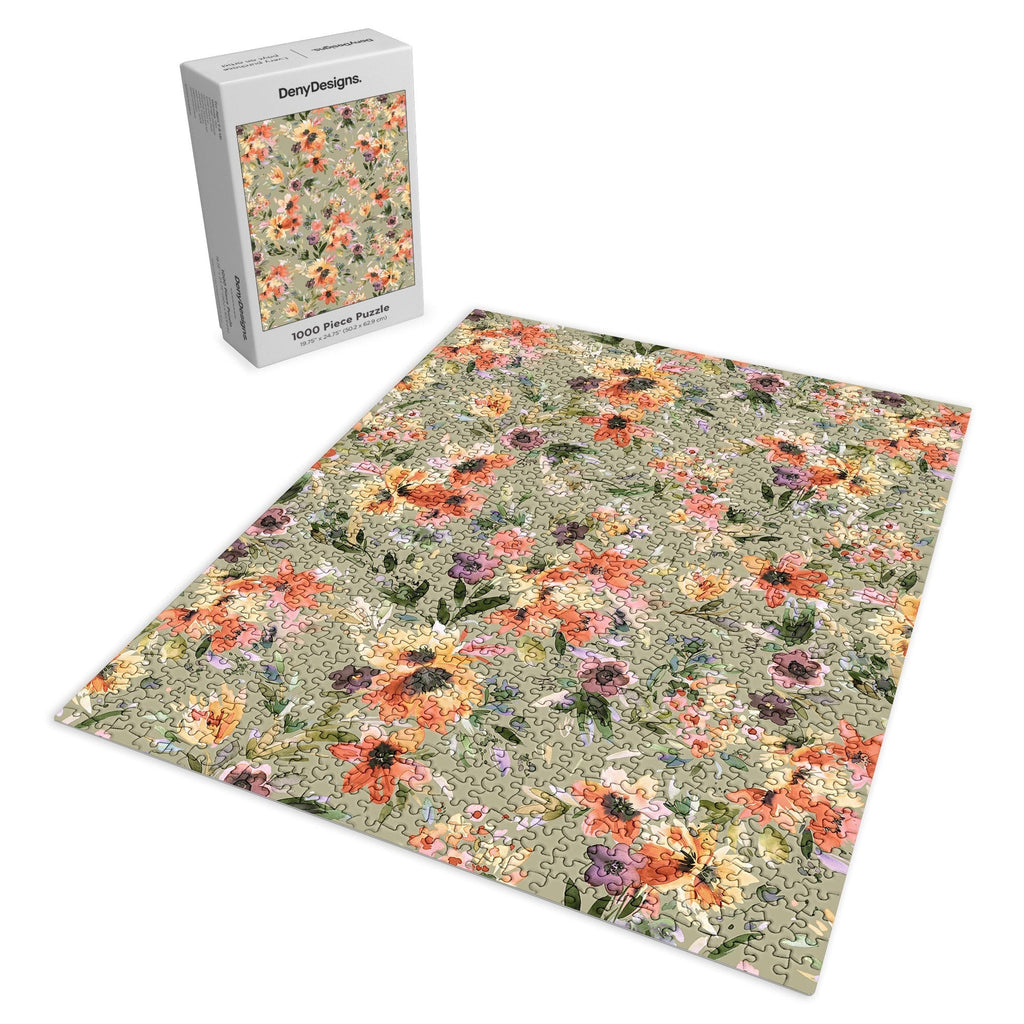 Ninola Design Botanic Retreat Painterly Tropical Flowers Sage Green Puzzle