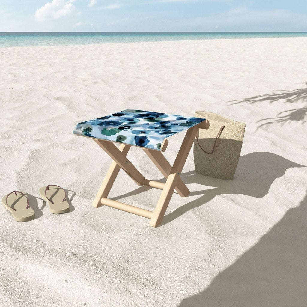 Ninola Design Botanic Retreat Ombre Abstract Watercolor Flowers Blue Navy Folding Stool