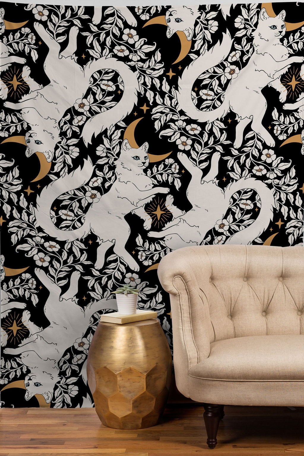 Avenie Celestial Cats Gold Tapestry