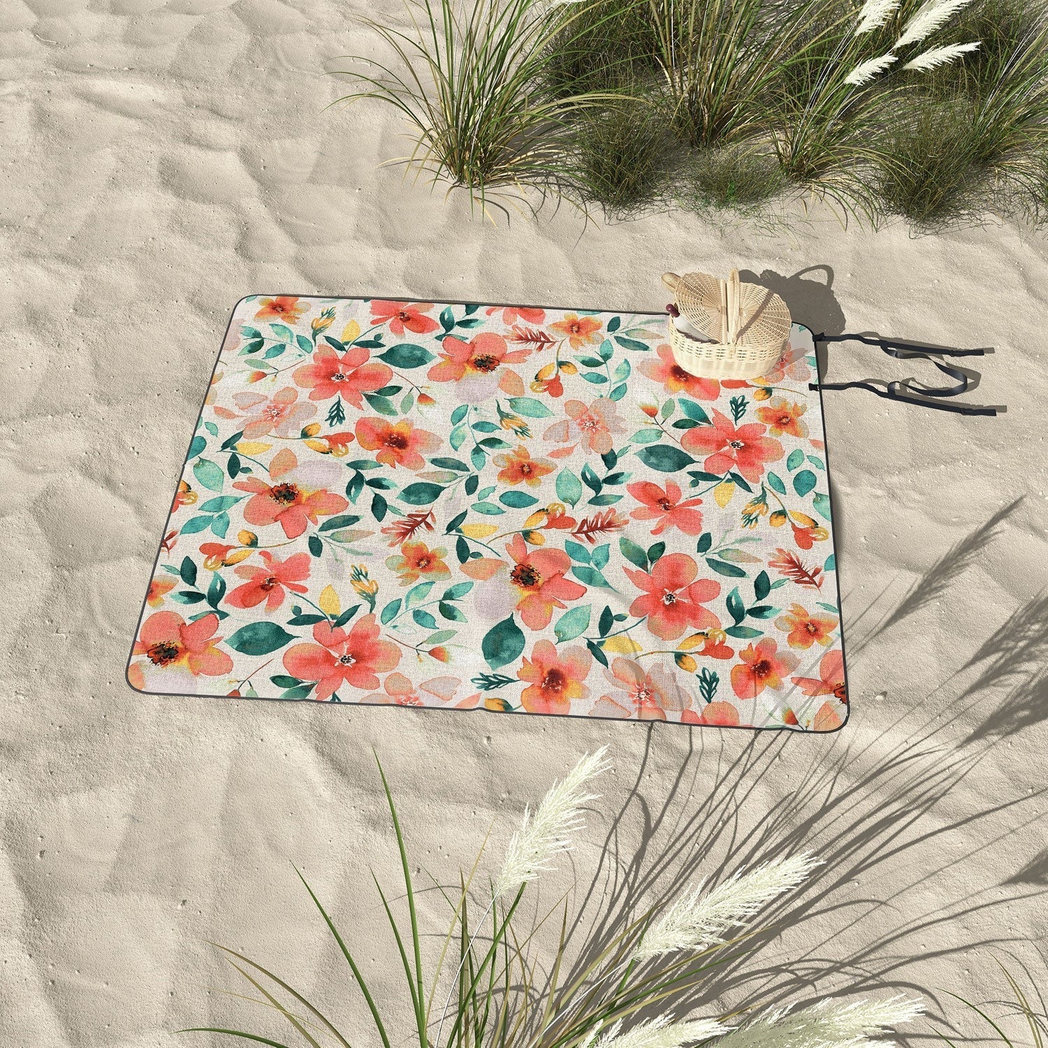Ninola Design Botanic Retreat Tropical Whimsical Flowers Coral Green Picnic Blanket