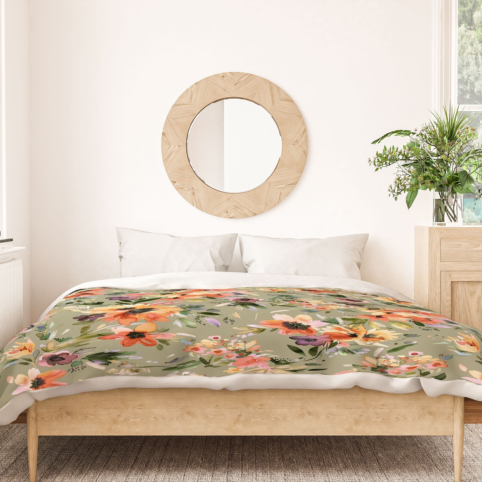 Ninola Design Botanic Retreat Painterly Tropical Flowers Sage Green Duvet Cover