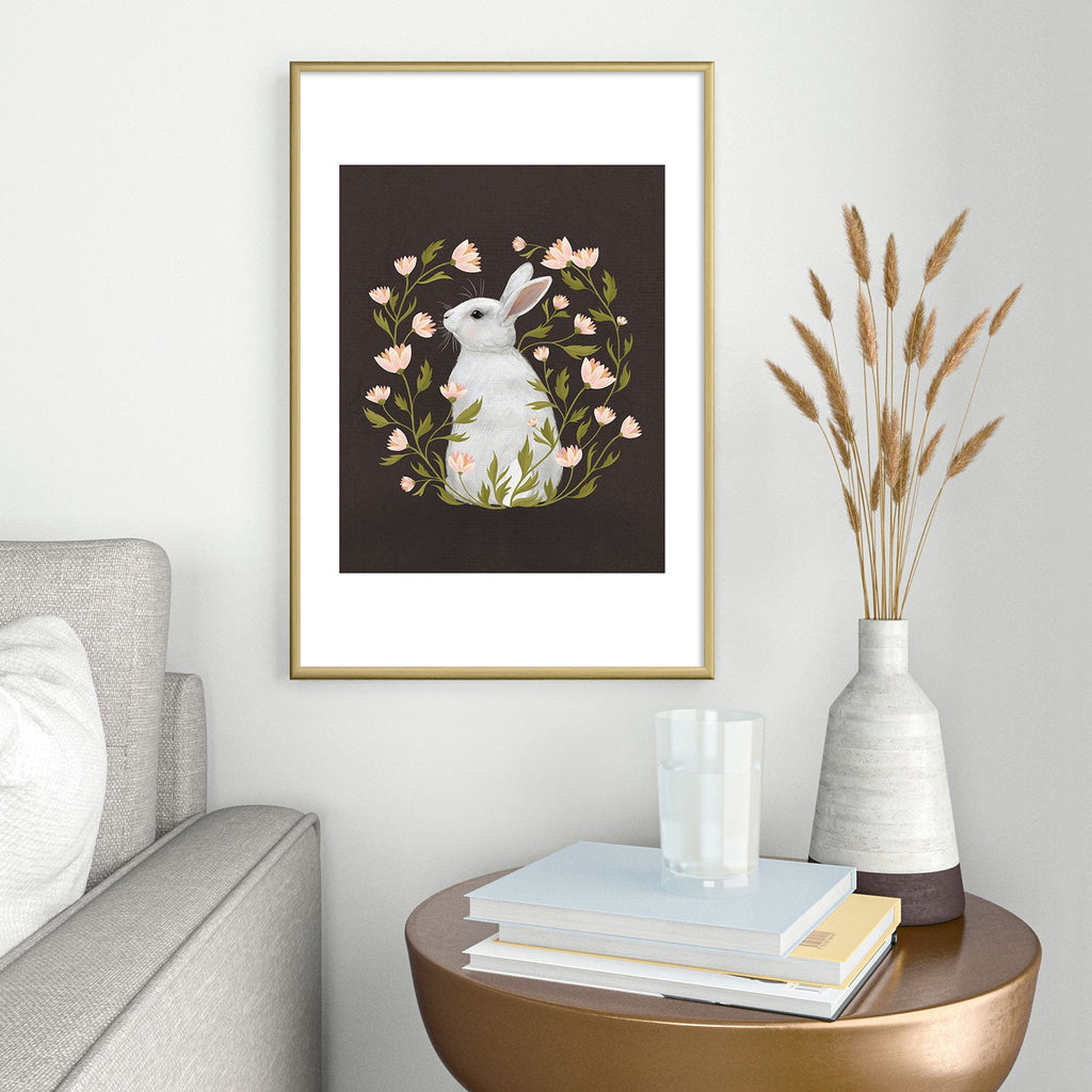 Laura Graves White Rabbit Floral Metal Framed Art Print