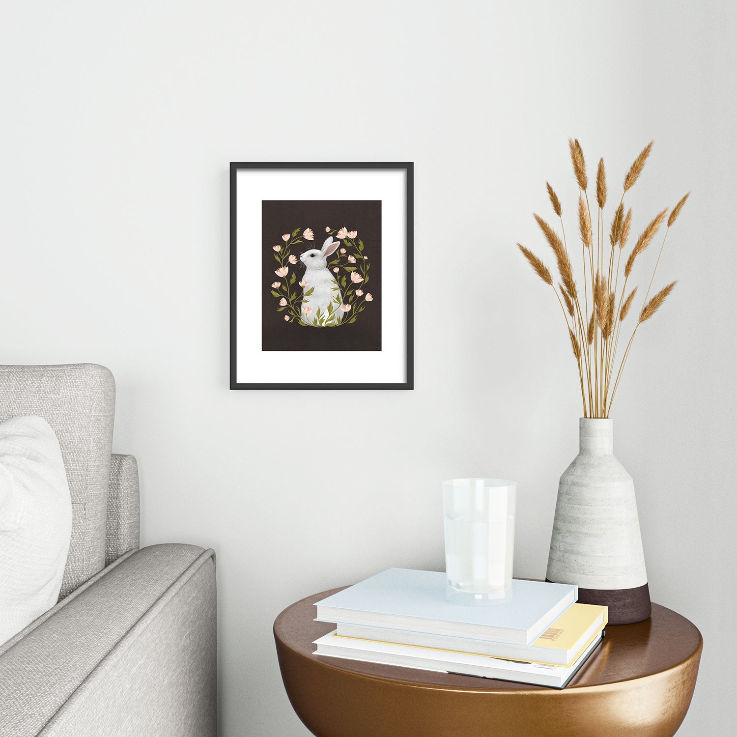 Laura Graves White Rabbit Floral Metal Framed Art Print