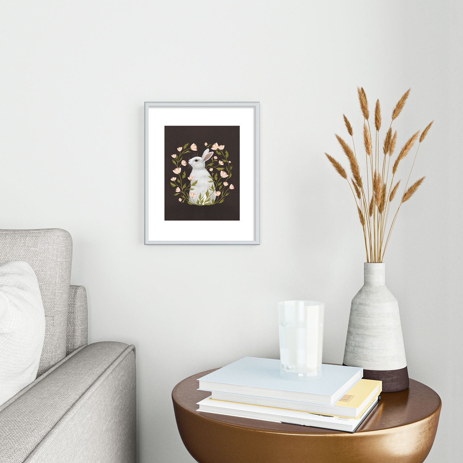 Laura Graves White Rabbit Floral Metal Framed Art Print