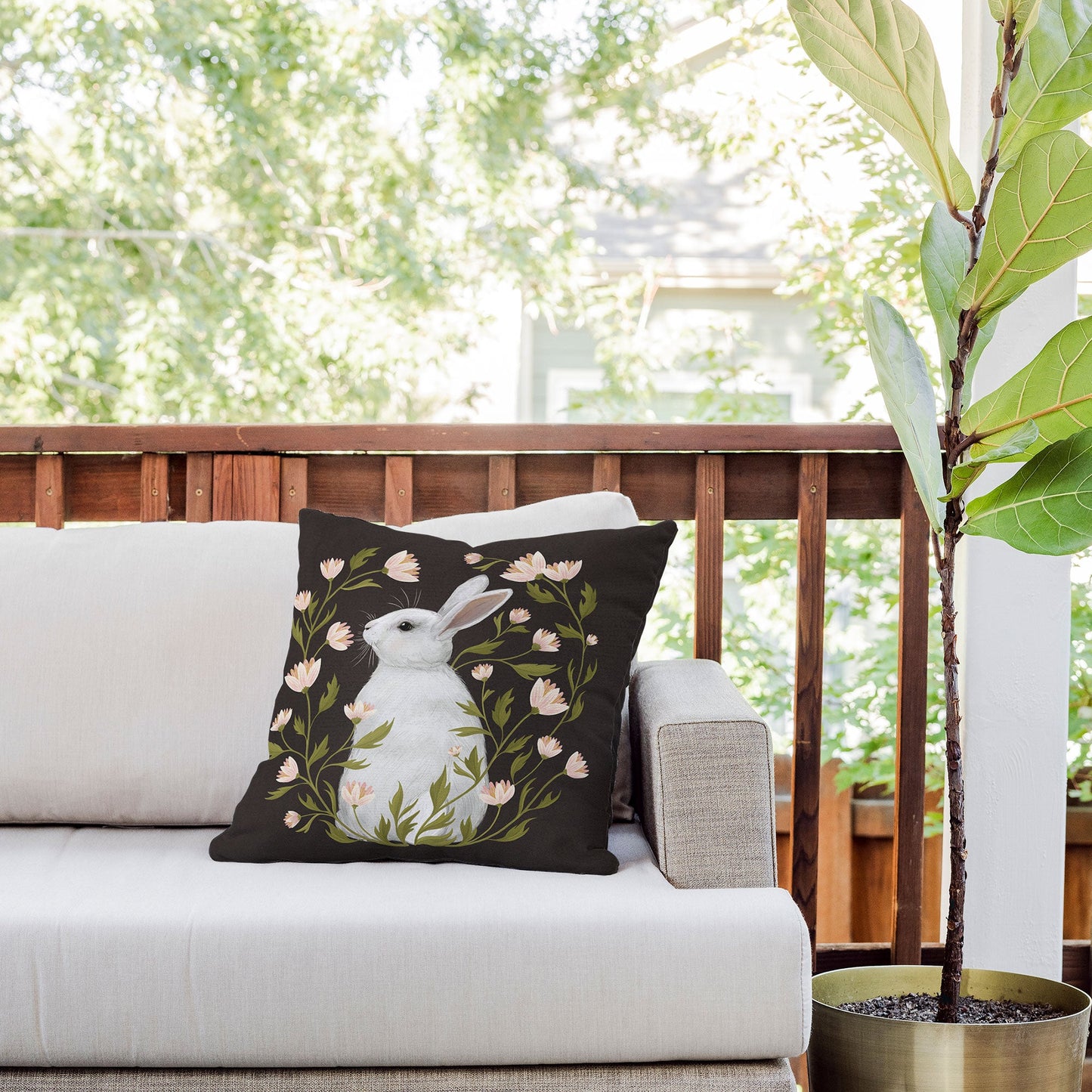 Laura Graves White Rabbit Floral Outdoor Throw Pillow