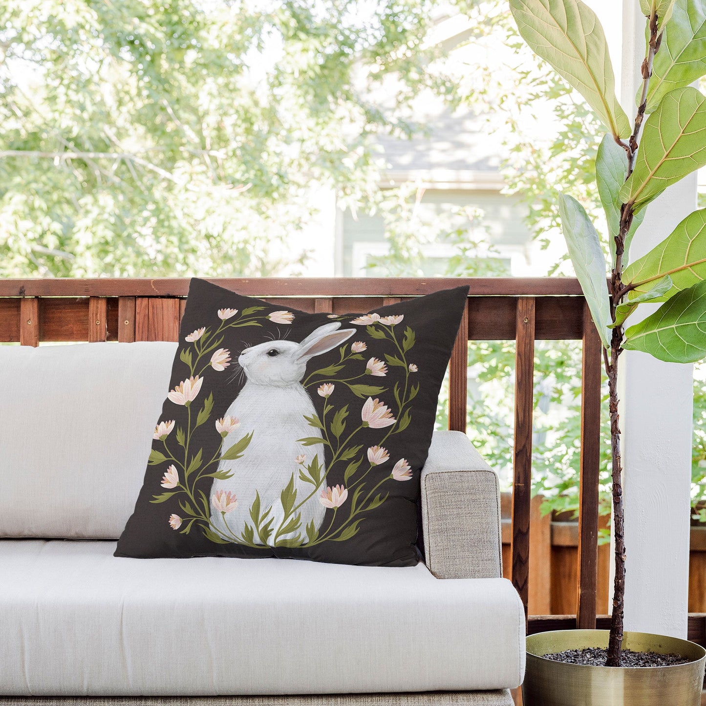 Laura Graves White Rabbit Floral Outdoor Throw Pillow