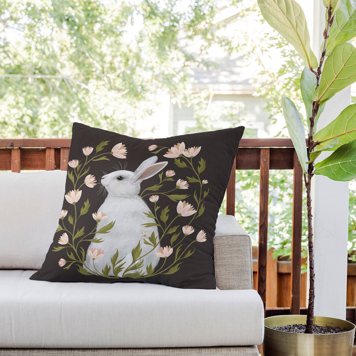 Laura Graves White Rabbit Floral Outdoor Throw Pillow