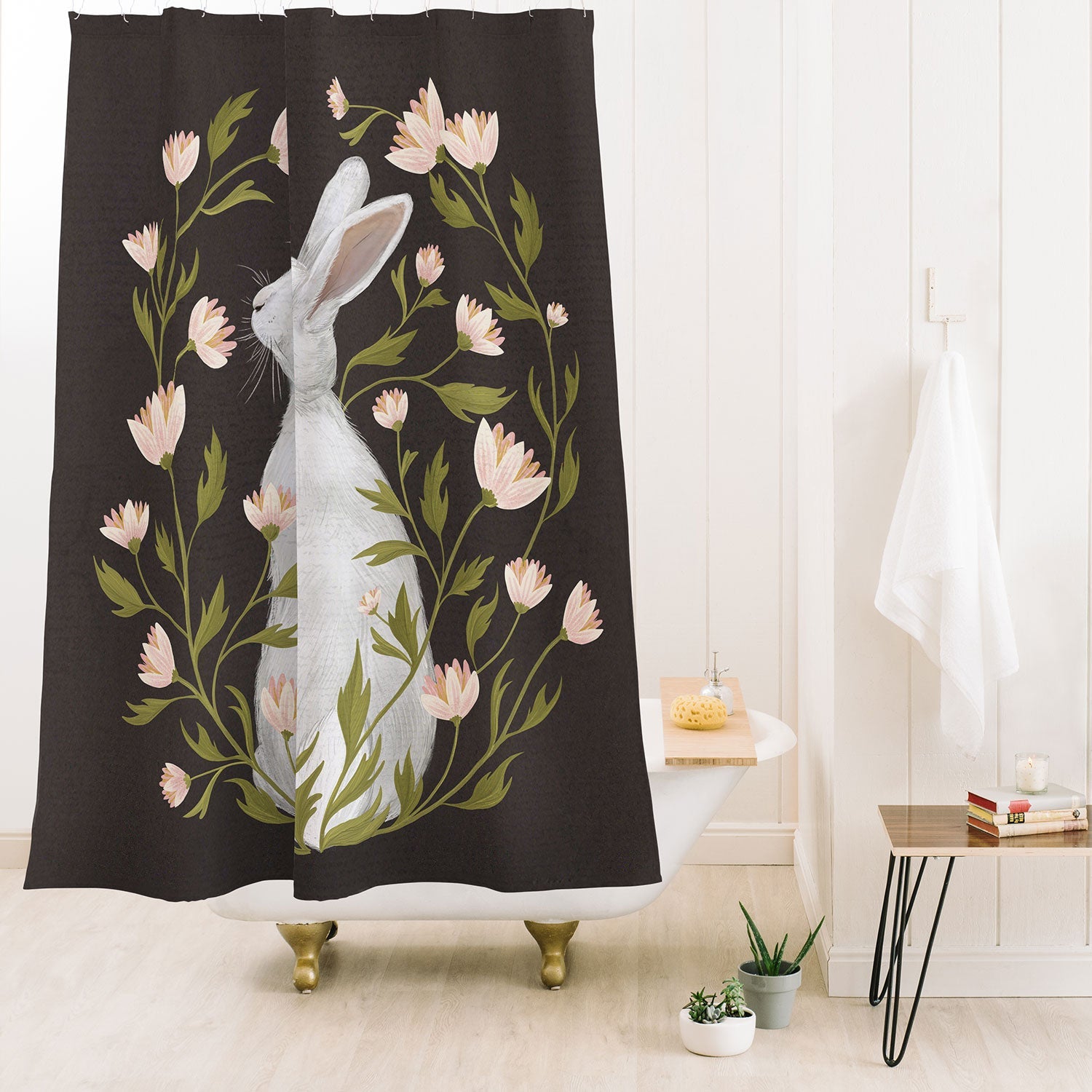 Laura Graves White Rabbit Floral Shower Curtain