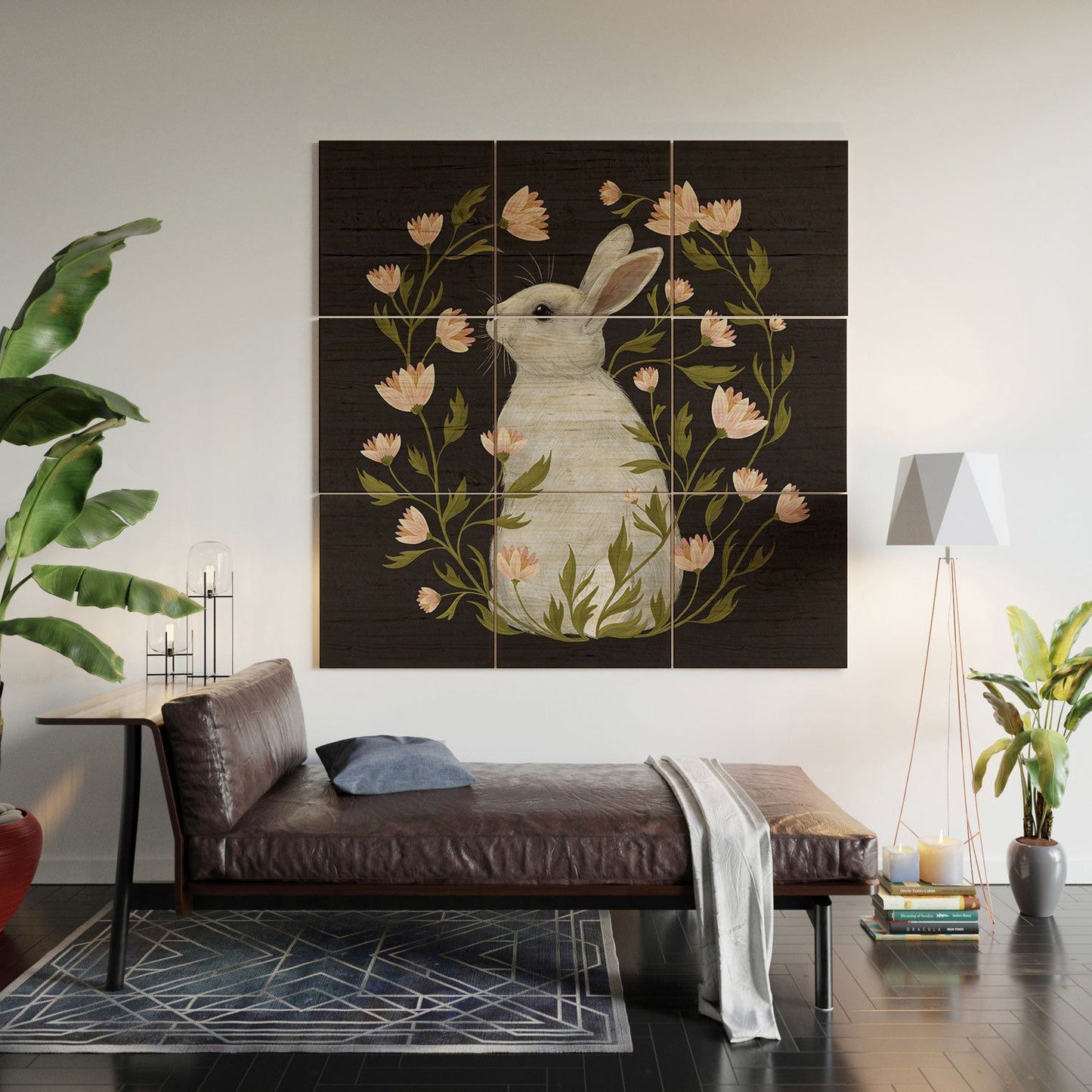 Laura Graves White Rabbit Floral Wood Wall Mural