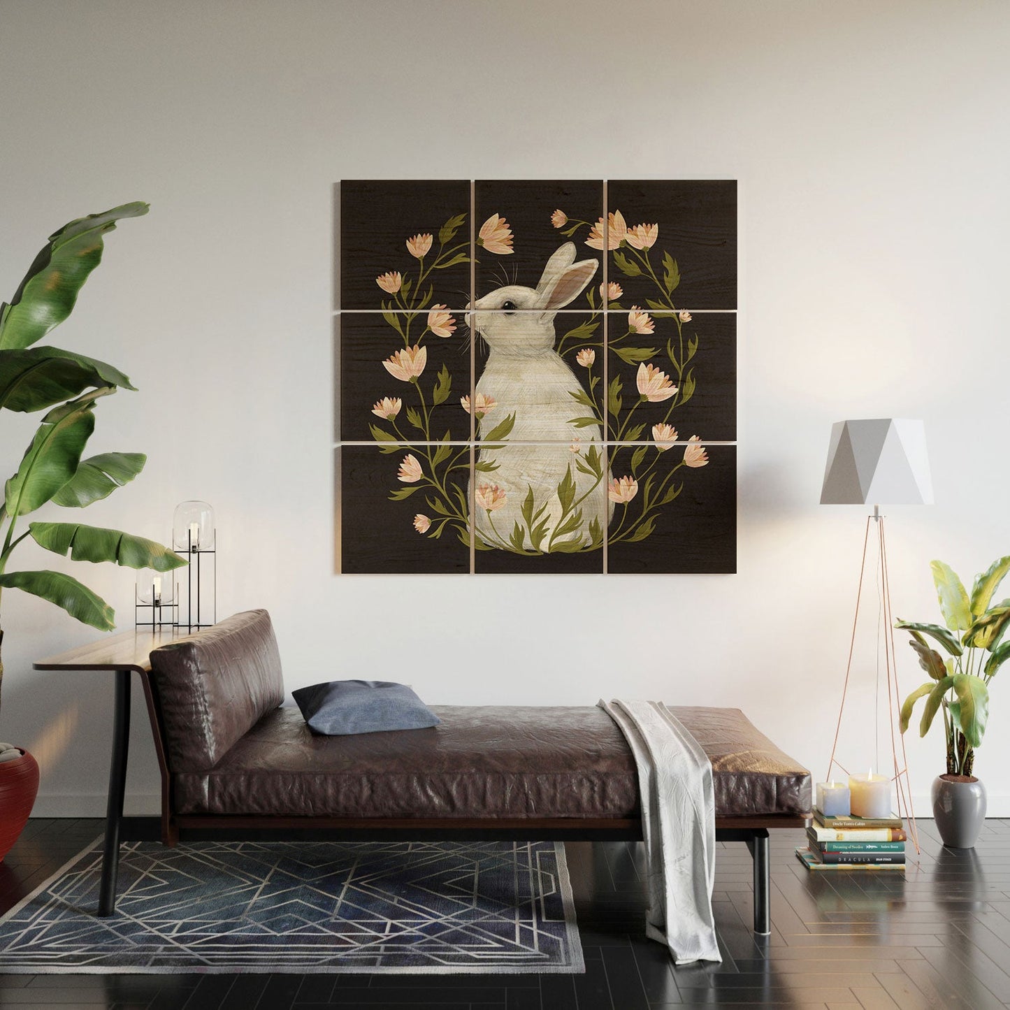 Laura Graves White Rabbit Floral Wood Wall Mural