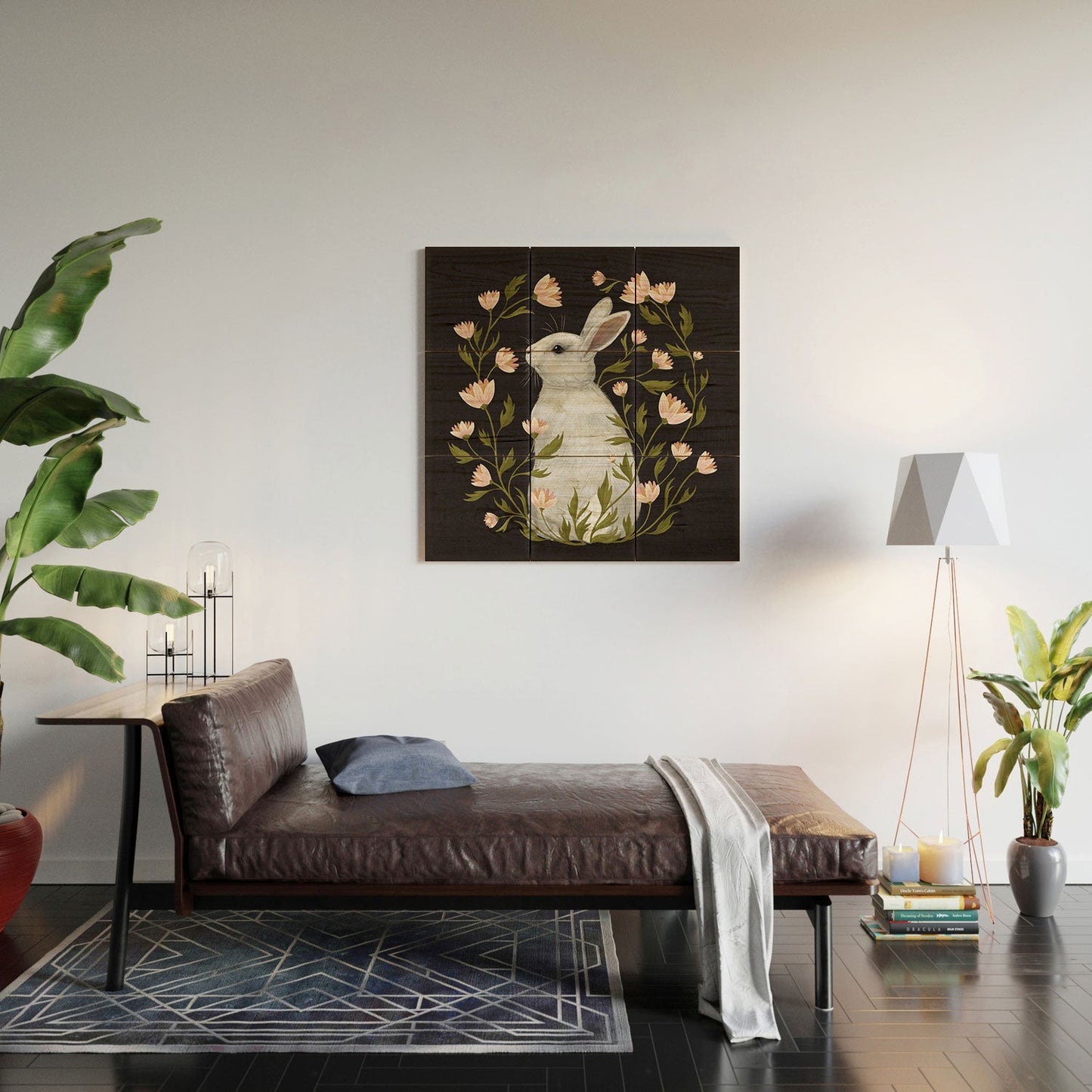 Laura Graves White Rabbit Floral Wood Wall Mural
