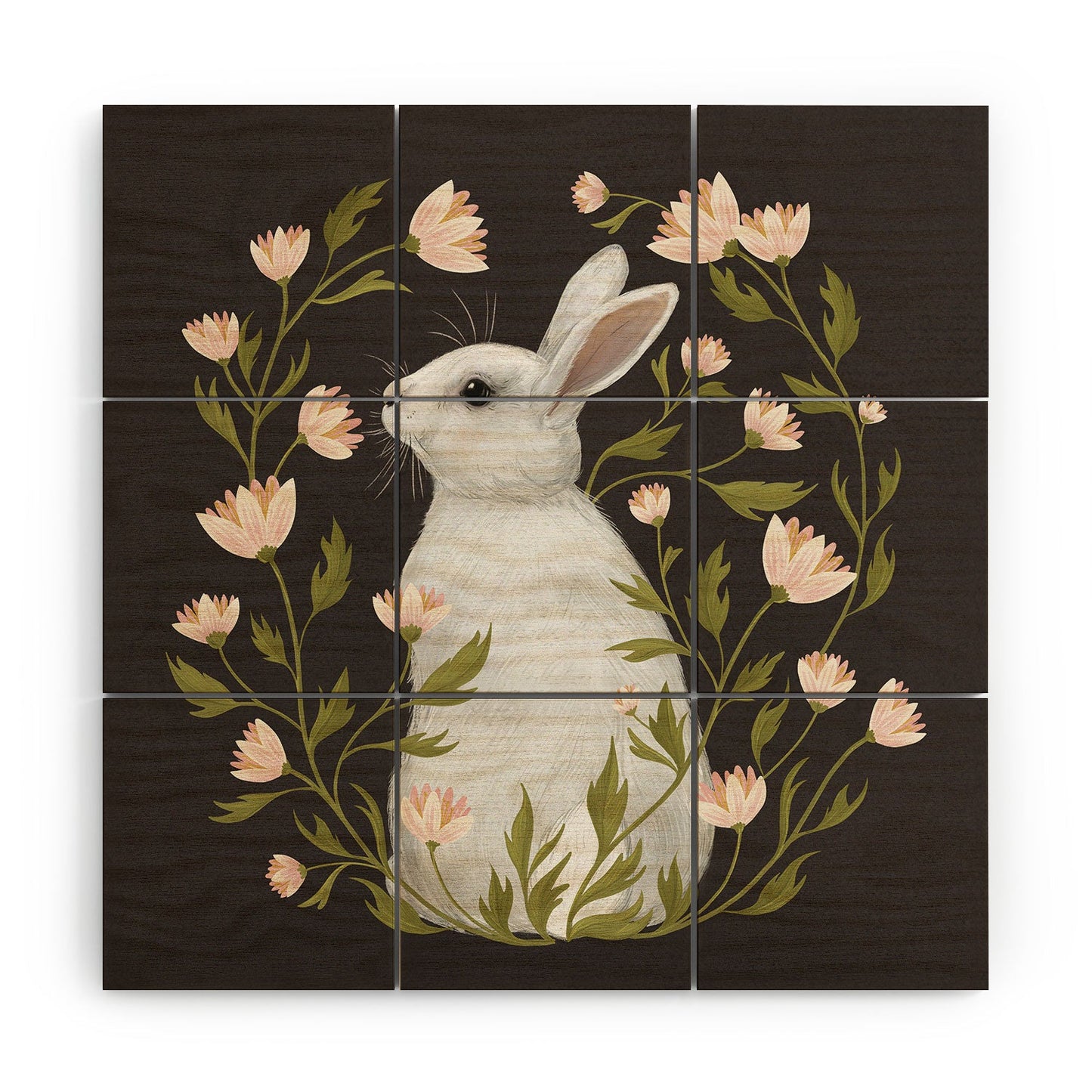Laura Graves White Rabbit Floral Wood Wall Mural