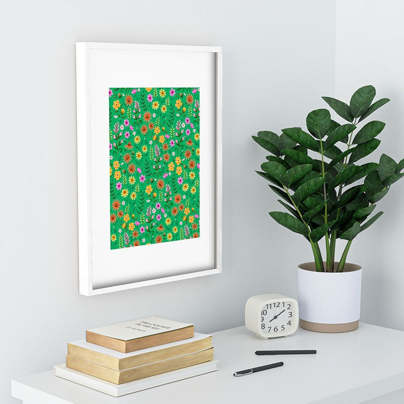 Pimlada Phuapradit Ditsy Spring Floral Green Recessed Framing Rectangle