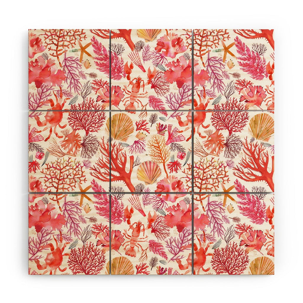Ninola Design Botanic Retreat Coral Reef Crab Lobster Red Wood Wall Mural