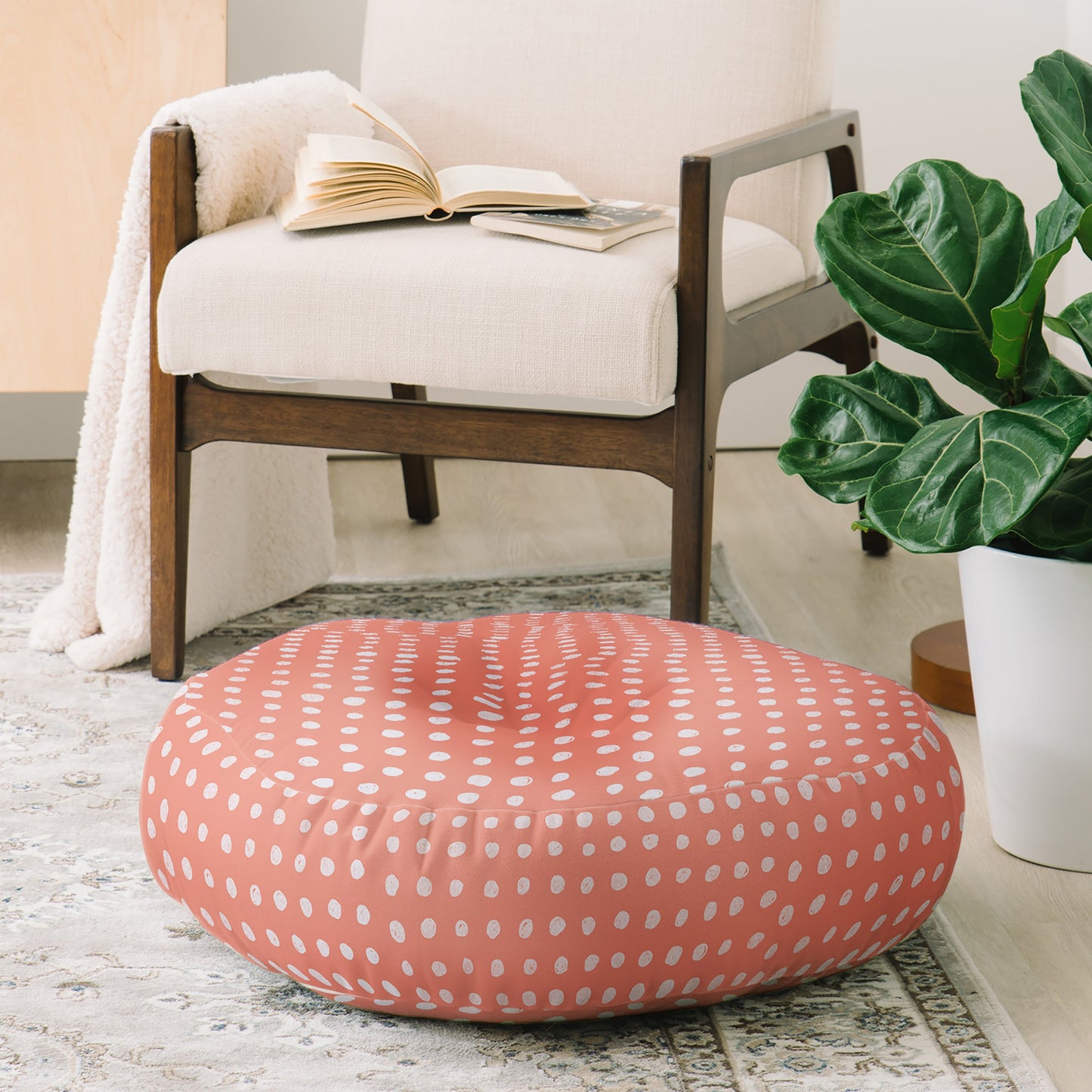 Leah Flores Peach Scribble Dots Floor Pillow Round