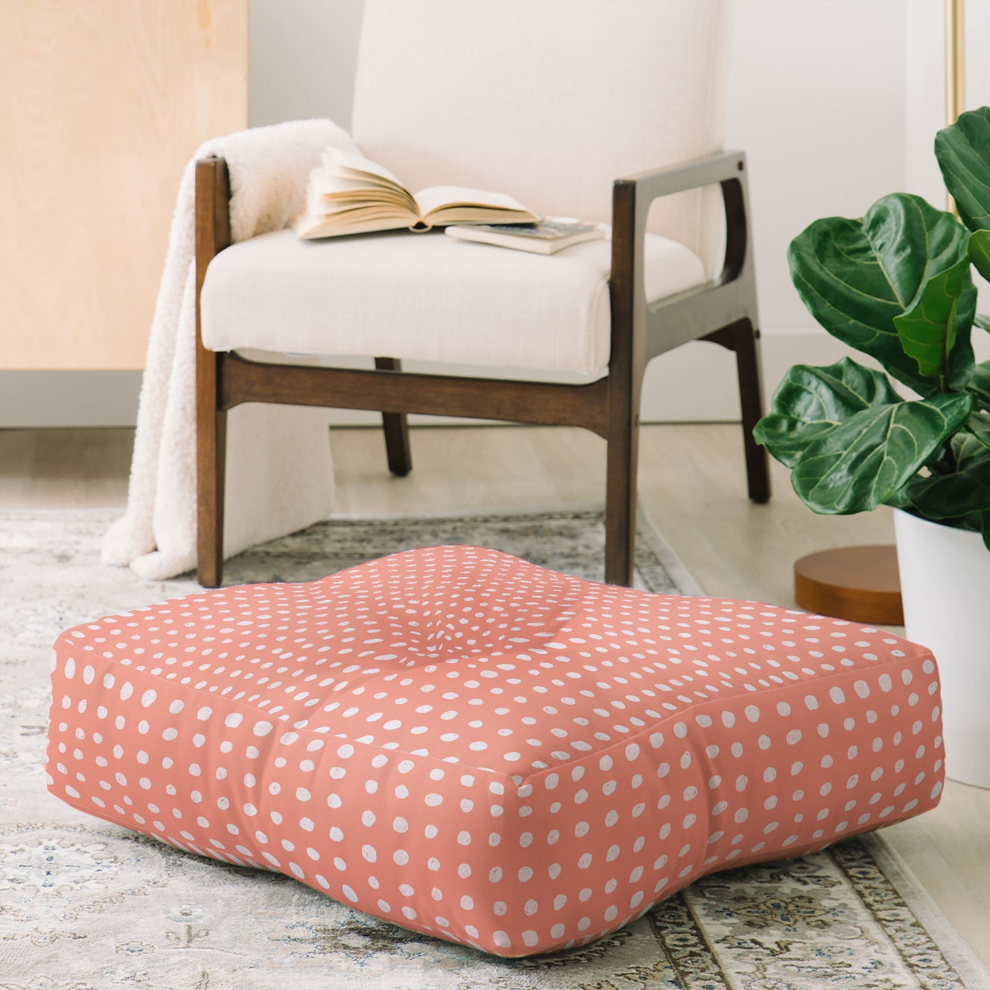 Leah Flores Peach Scribble Dots Floor Pillow Square