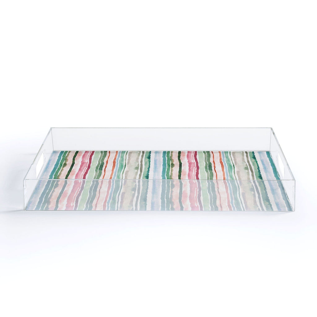 Ninola Design Botanic Retreat Watercolor Stripes Green Orange Red Acrylic Tray