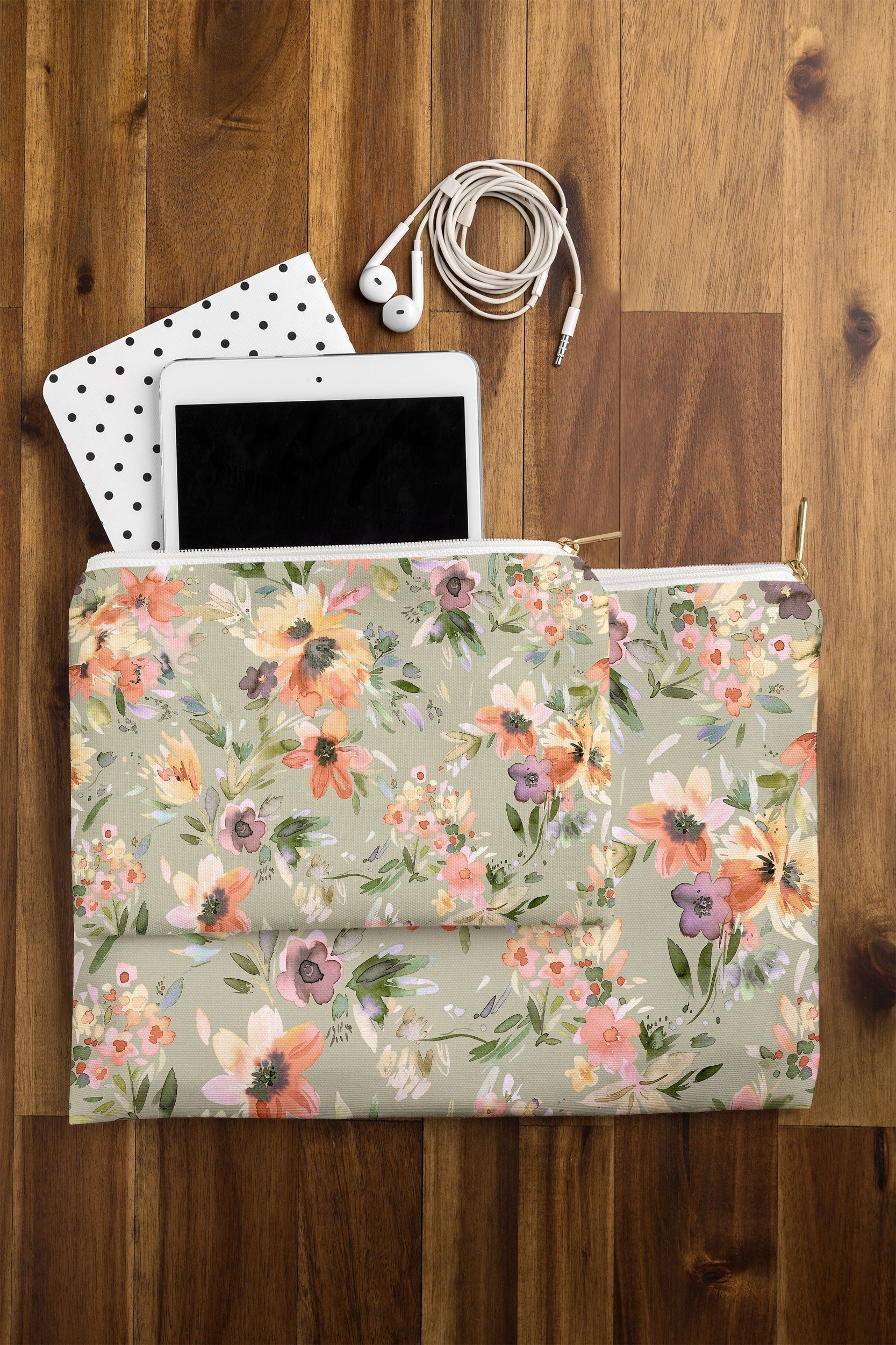 Ninola Design Botanic Retreat Painterly Tropical Flowers Sage Green Pouch