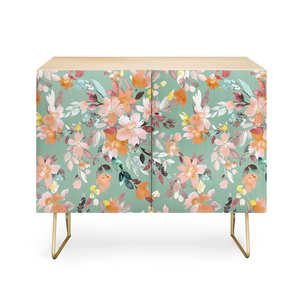 Ninola Design Botanic Retreat Floral Oleander Whimsical Teal Green Credenza
