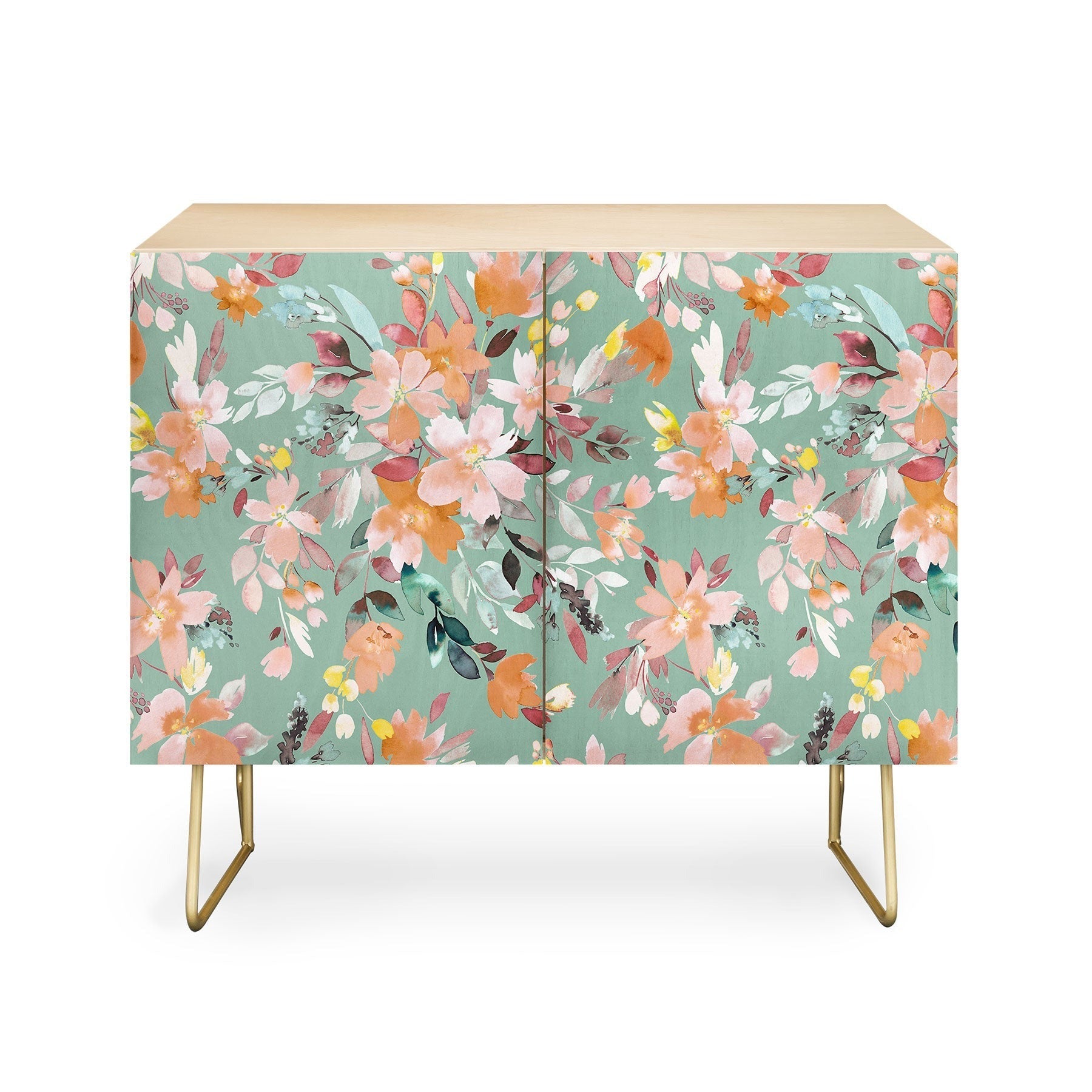 Ninola Design Botanic Retreat Floral Oleander Whimsical Teal Green Credenza